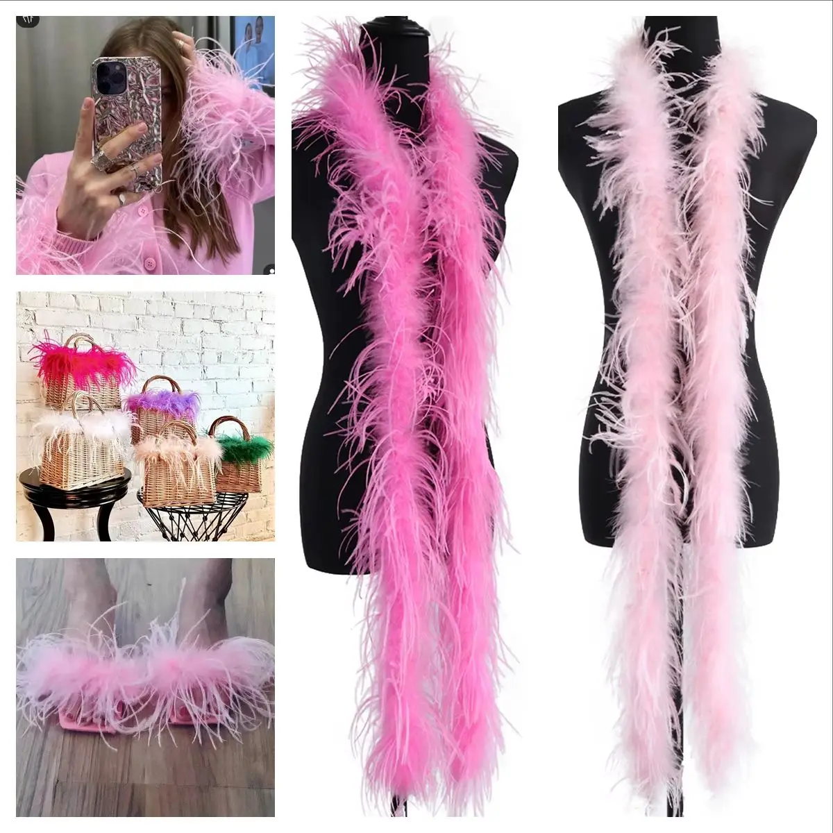 Boa de plumas de avestruz rosa de 2M, 1 capa, plumas naturales esponjosas para envolver, para bodas, fiestas de baile, decoración de escenarios, accesorios de manualidades