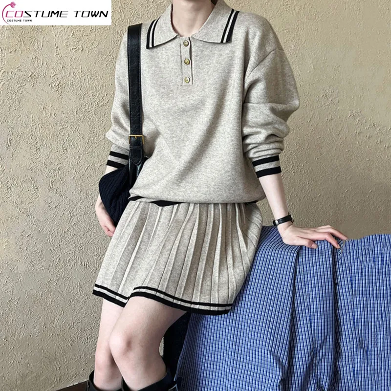 

Autumn new college style fashionable lapel long sleeved top+high waisted pleated skirt two-piece set