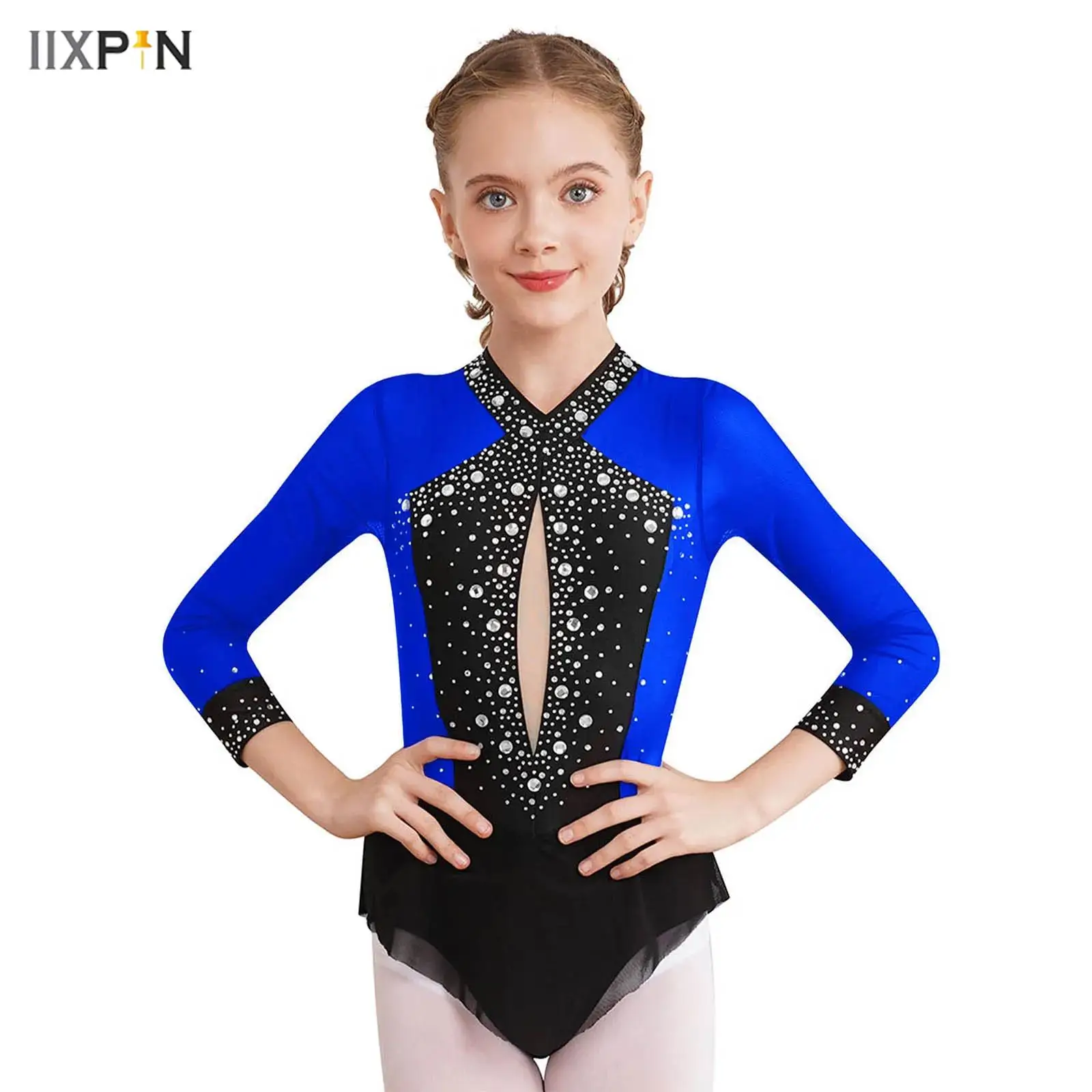 

Kids Girls Sparkly Rhinestones Figure Ice Skating Dance Leotard Color Block Sheer Mesh Skirted Bodysuit for Rhythmic Gymnastics