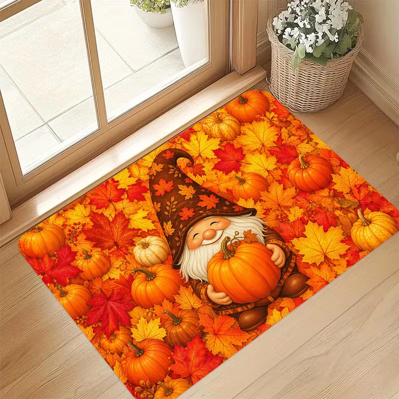 Single Gnome Orange Pumpkin Maple Leaf Non Slip Doormat Autumn Harvest Front Entrance Rug Indoor Outdoor Home Floor Decor