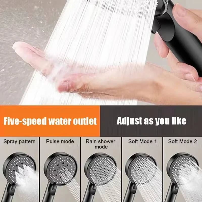 Five-Mode High-Pressure Shower Head, Adjustable Shower Head with Hose, Water-Saving, One-Button Nozzle Stop