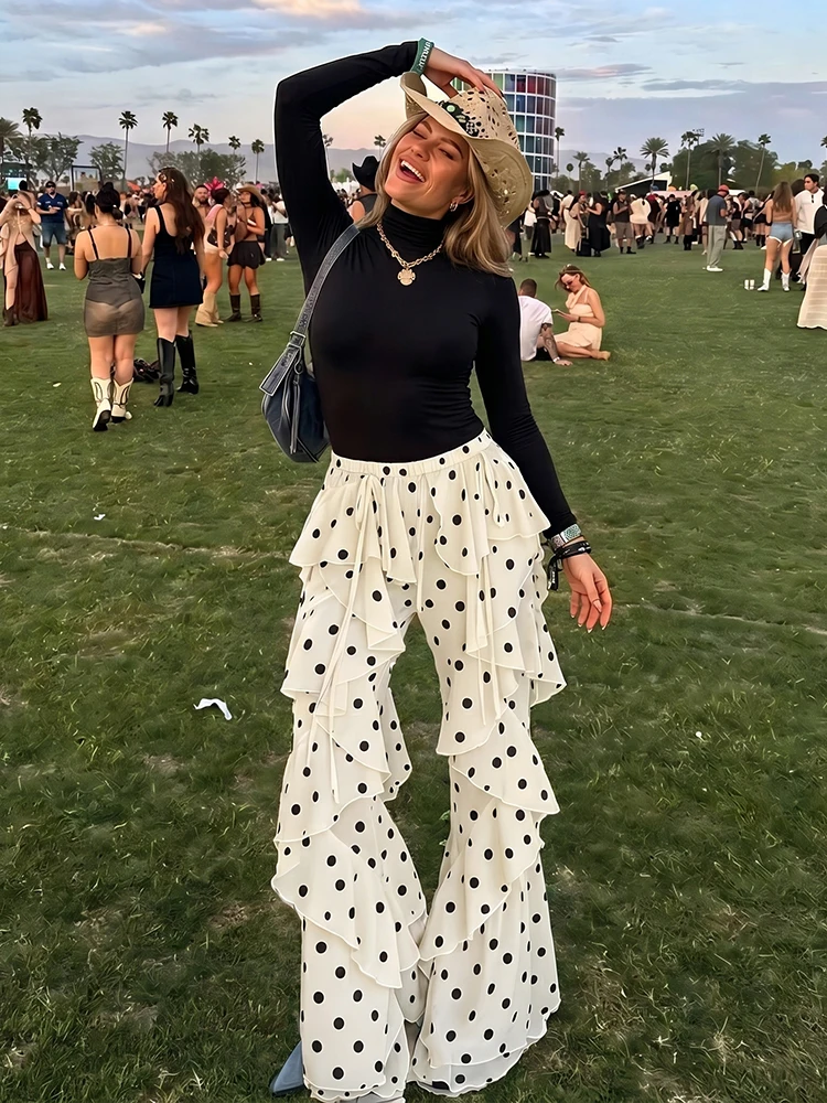 Kliou Polka Dot Print Long Pants Woman Summer Trend Ruffles Edge Design Elastic Waist Tassel Decoration Ruched Elegant Bottoms