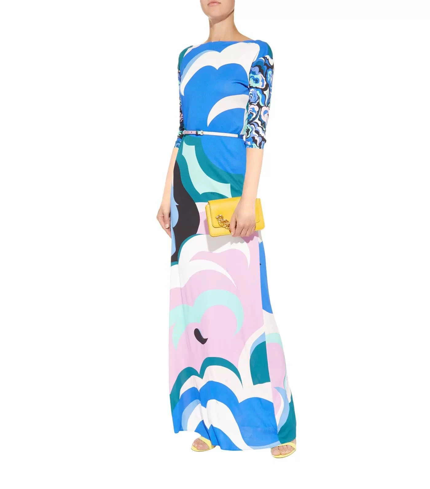 Designer Inspired Women's Multicolor Printed Jersey Belted Maxi Dress - Elegant Summer Party Beach Long Dress, Boho Chic Evening