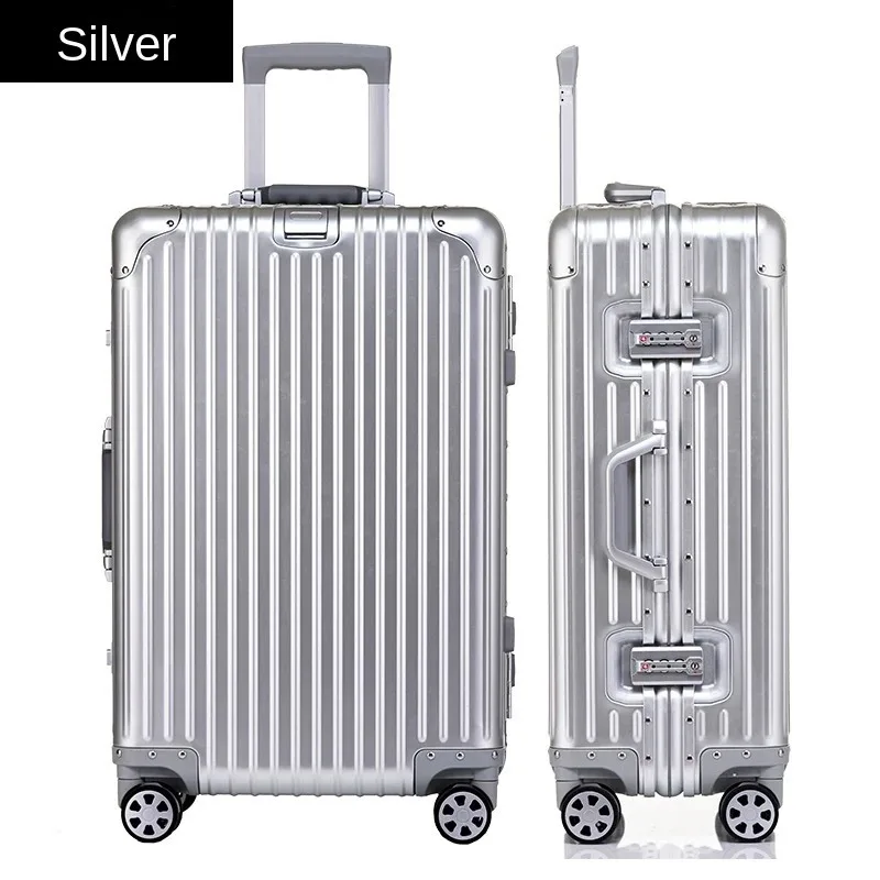 Maleta de lujo con ruedas giratorias de Metal, estuche de embarque, bolsa de viaje, Material totalmente de aluminio, equipaje de mano, cerradura TSA