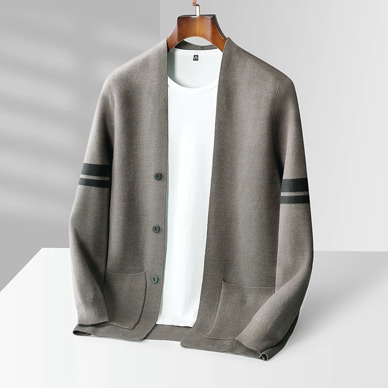 Autumn And Winter New Casual Wool Knit Cardigan Men's Fashion V-Neck Solid Color Shirt Loose Sweater Coat