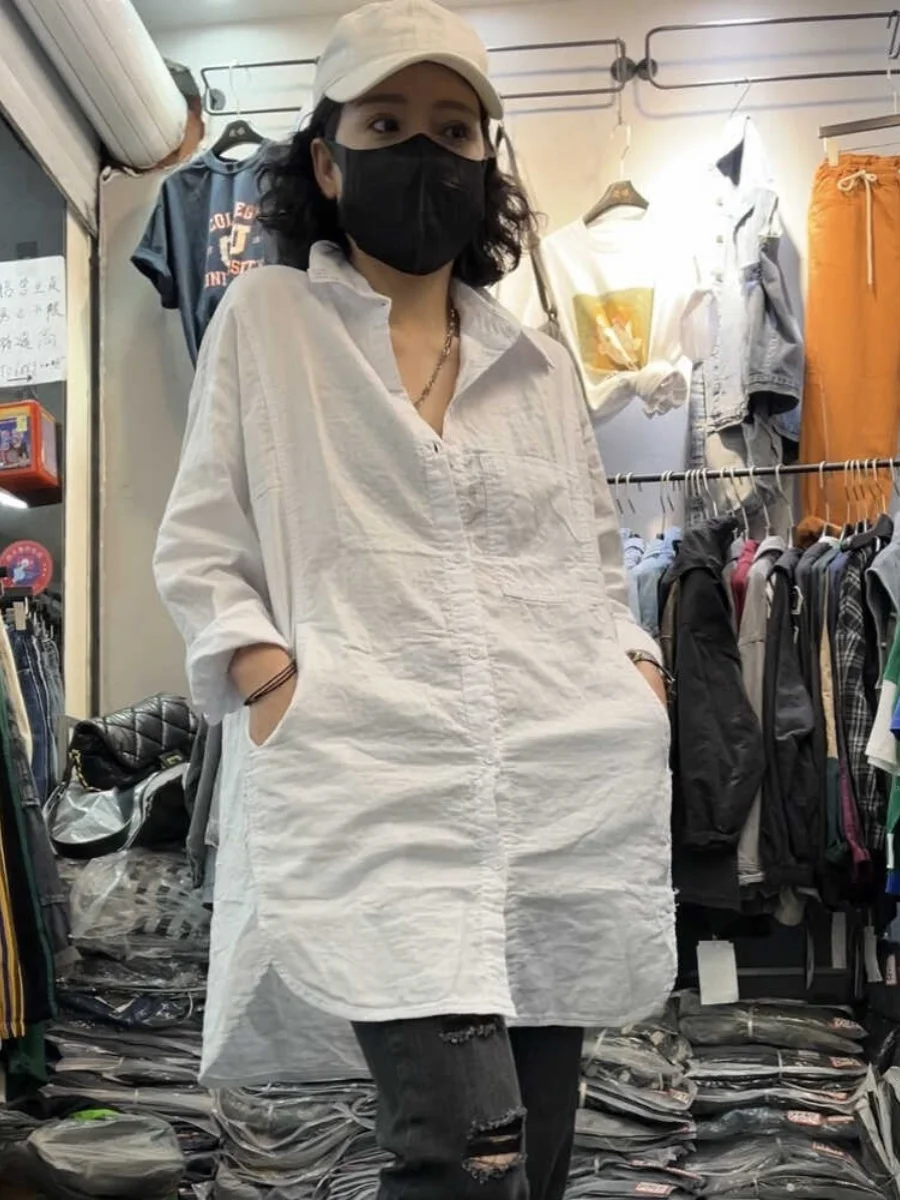 Haut en lin et coton pour femmes, Long Sve Midi, polyvalent, saison printemps, col ajusté confortable, matériau fin