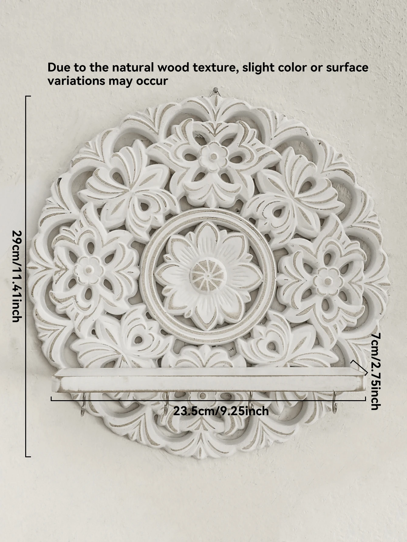 Boho Wooden Wall Shelves, White & Brown Floral Carved Design, Decorative Hanging Shelf with Hooks for Entryway & Home Wall Decor view 6