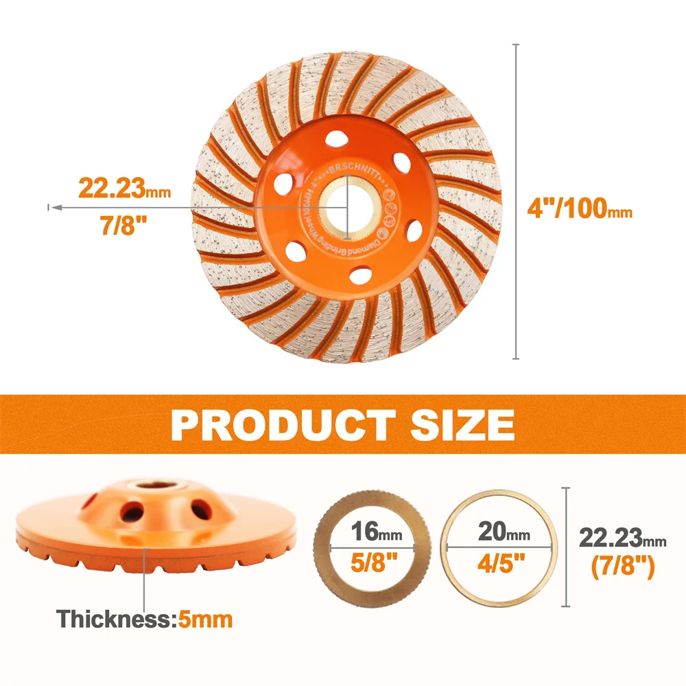Imagem -06 - Brschnitt-diamond Grinding Wheels Polimento de Concreto Alvenaria Granito Mármore Turbo Hole Saw Roda Sinterizada 100 mm Diâmetro