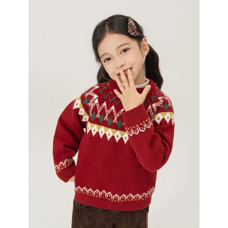 Autumn 2026 Children Girls Sweater UNITIM 2-8Yrs Kids Girls Red Knitwear Loose Toddler Infant Babys Girls Fair Isle Sweater