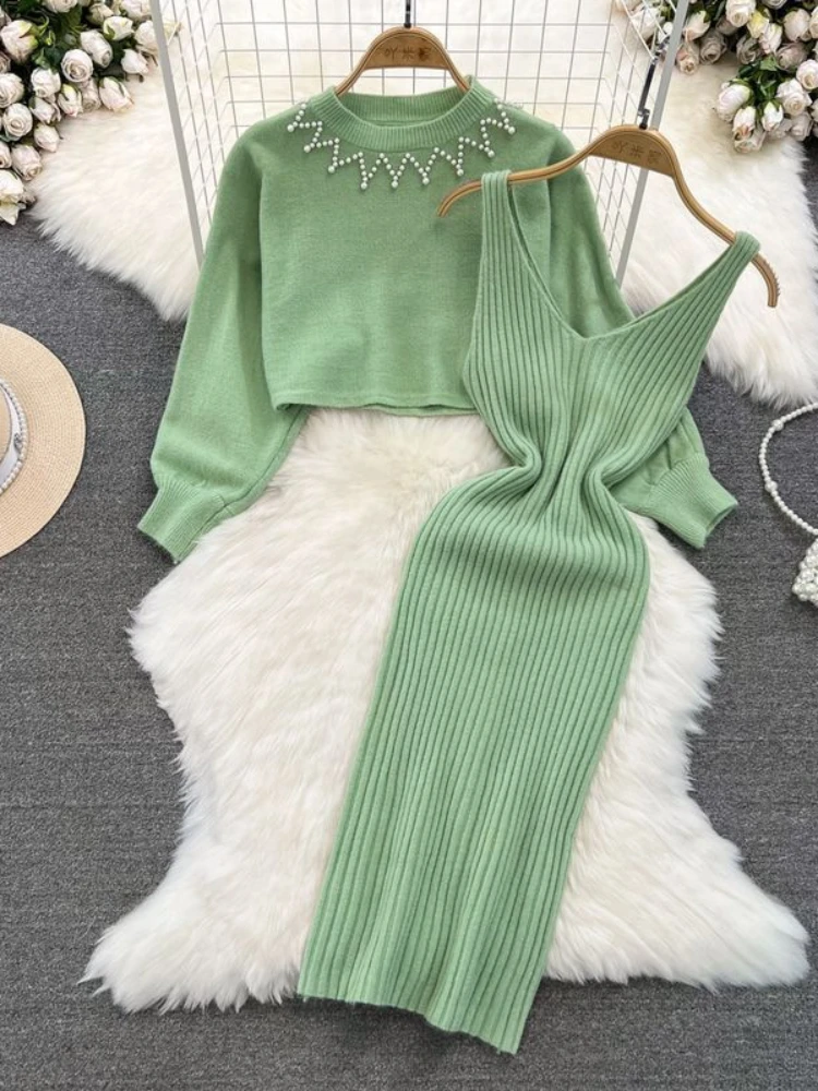 

Winter Casual Two Piece Set Women Long Sleeved Diamond Embellished Stand Collar Knitted Corp Sweater V-neck Tank Top Dress Suits