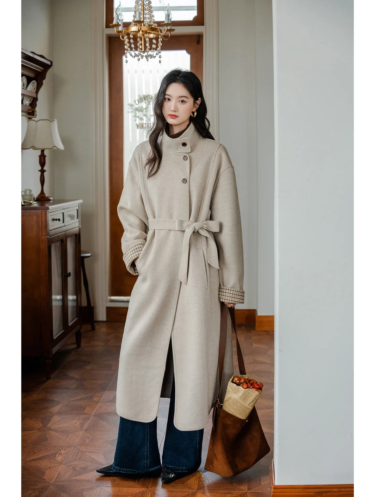 

Утепленное длинное шерстяное пальто Ele для женщин на осень-зиму, с поясом, в стиле ретро, повседневное, однотонное, с воротником-стойкой