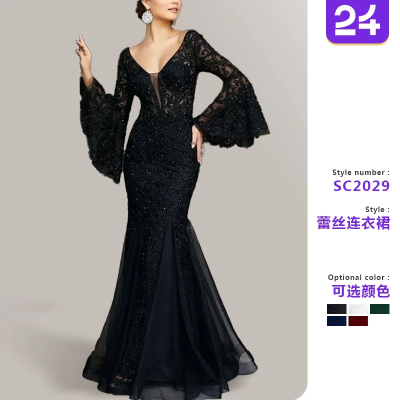 Abito da sera lungo elegante da donna, sexy, con maniche a campana, ricamo in pizzo, vita alta, vestito lungo, per invitati a matrimoni, feste formali