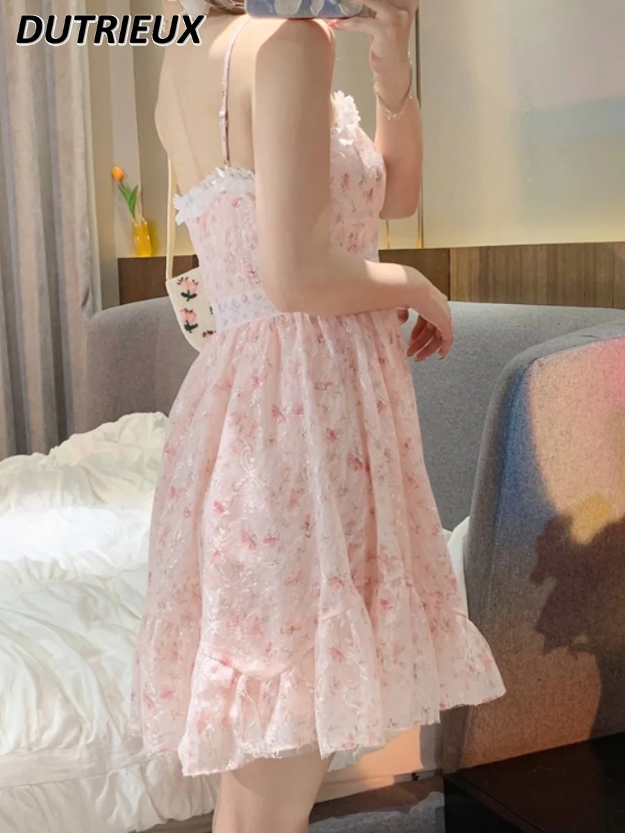 Sweet Gentle Mesh Chiffon Sling Dress Women 2024 Summer New Lolita Kawaii Girls Floral Skirt Princess Dresses A- Line Midi Dress