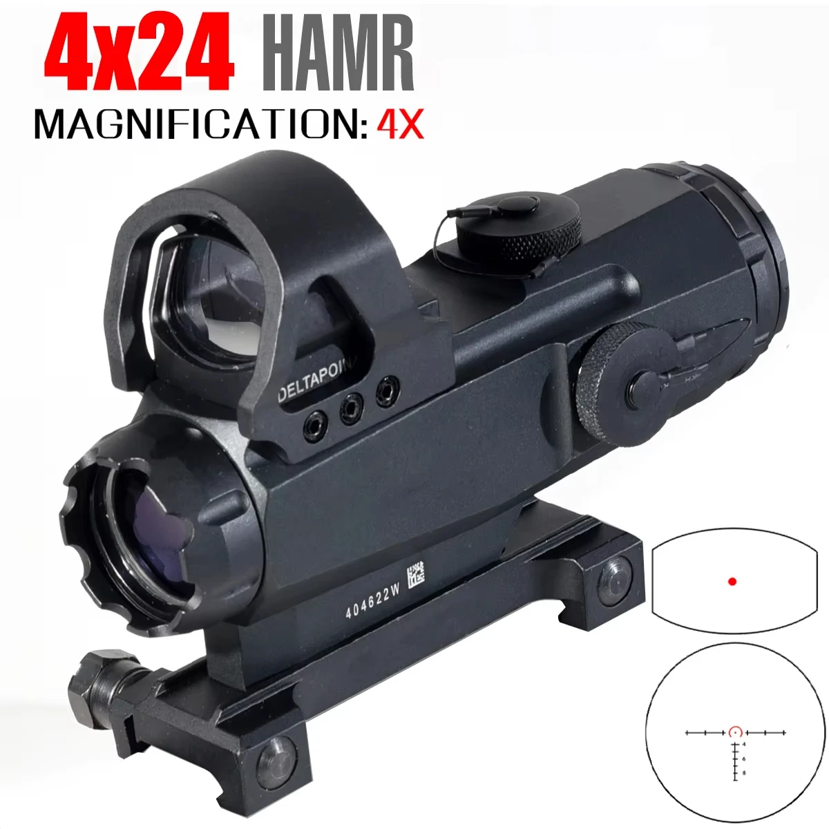

4x24 HAMR Scope 4x Magnifying Scope with 1x Red Dot Sight for Hunting Tactical Adjustable Optic Collimator 20mm Mount