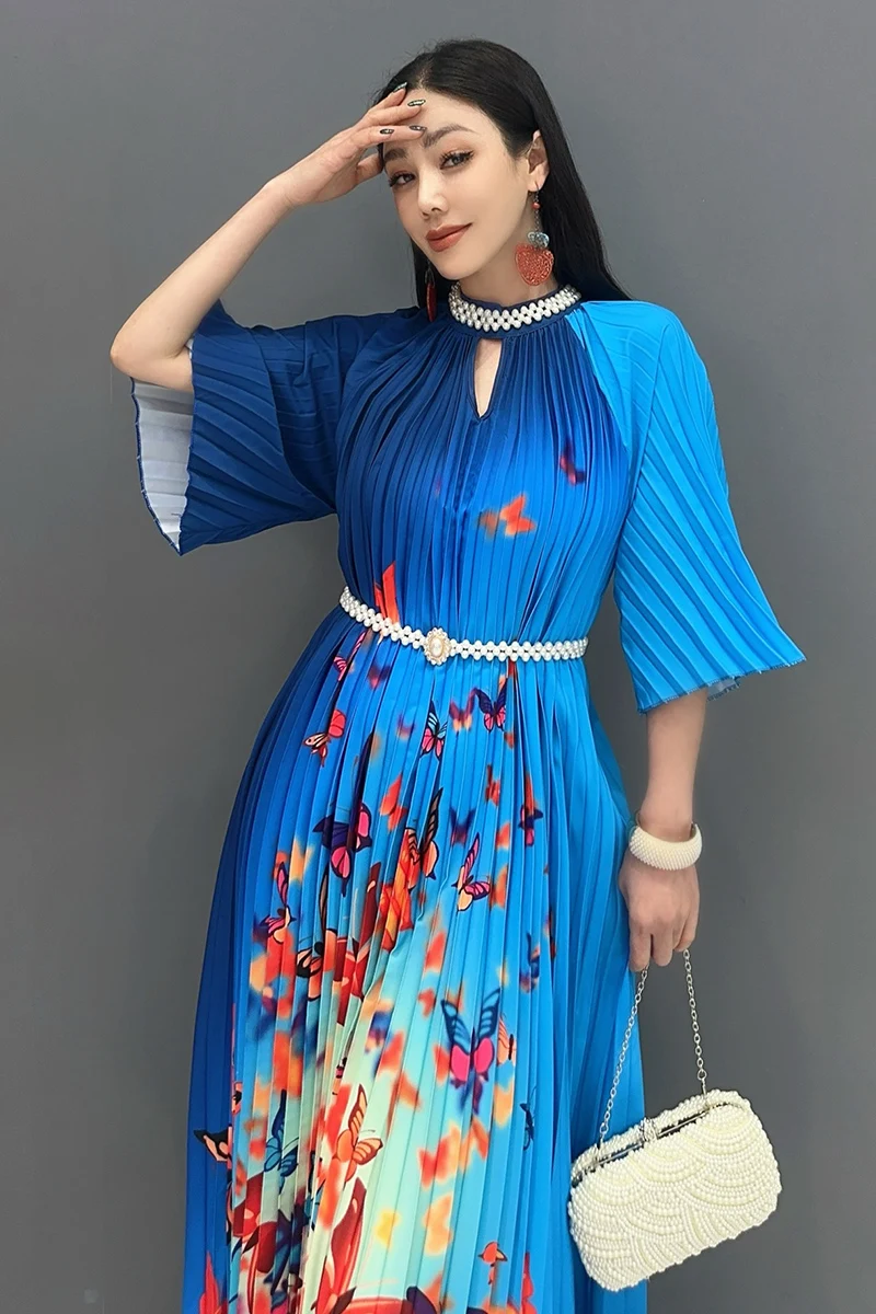 Vefadisa 2024 Summer New Blue Women Dress A-line Printed Dress With Large Hem Pleated Flare Sleeve Long Dress Elegant HLX416