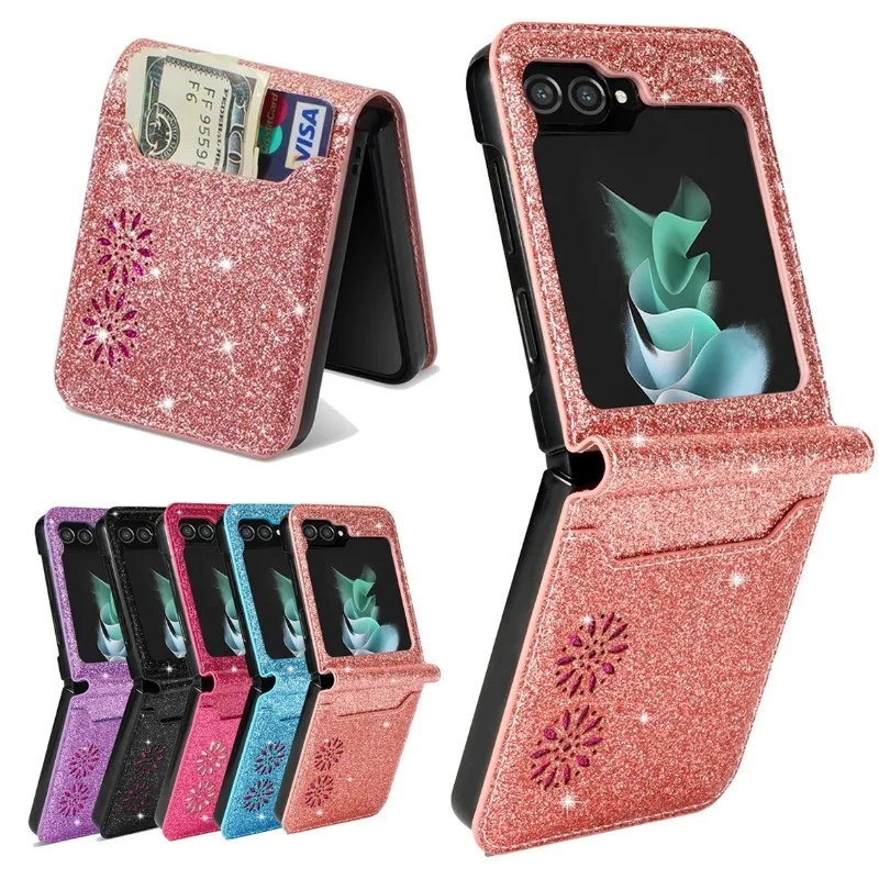 لسامسونج غالاكسي Z فليب 6 5 4 3 الفاخرة بريق الجلود فتحة للبطاقات محفظة للصدمات المضادة للسقوط واقية بو جراب هاتف