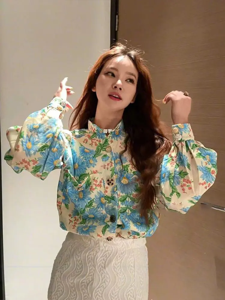 Korea Vintage Blouses Stand Neck Puff Sleeve Button Flower Print Pockets Shirts Spring Fashion Elegant Women Clothes Tops