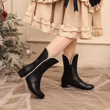 Women Pink Cute Cosplay Mid-calf Boots Pearl Bordered Block Heels Boots White Sweet Princess Shoes Small Size 31 32 33 Ladies