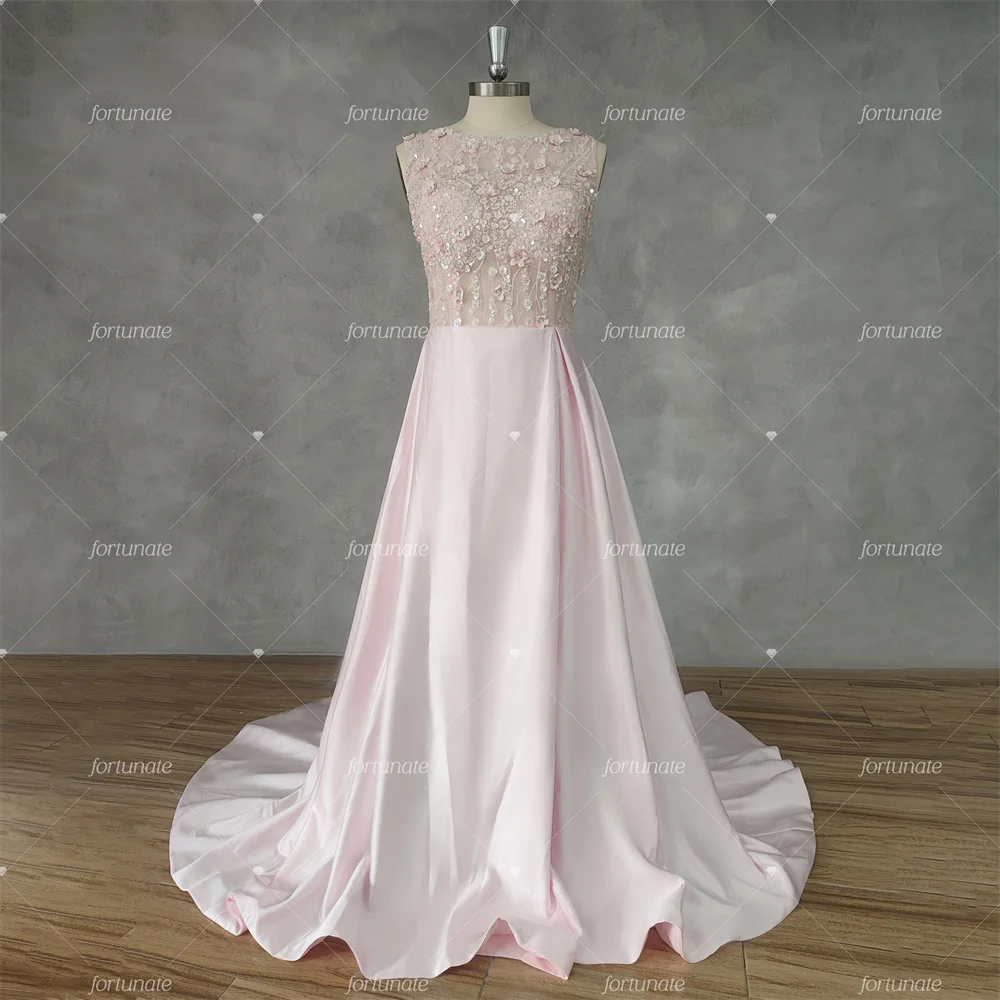 Princess A Line Pink Prom Dress 2024 Side Slit O-Neck Sleeveless 3D Floral Lace Applique Homecoming Graduation Formal Party Gown