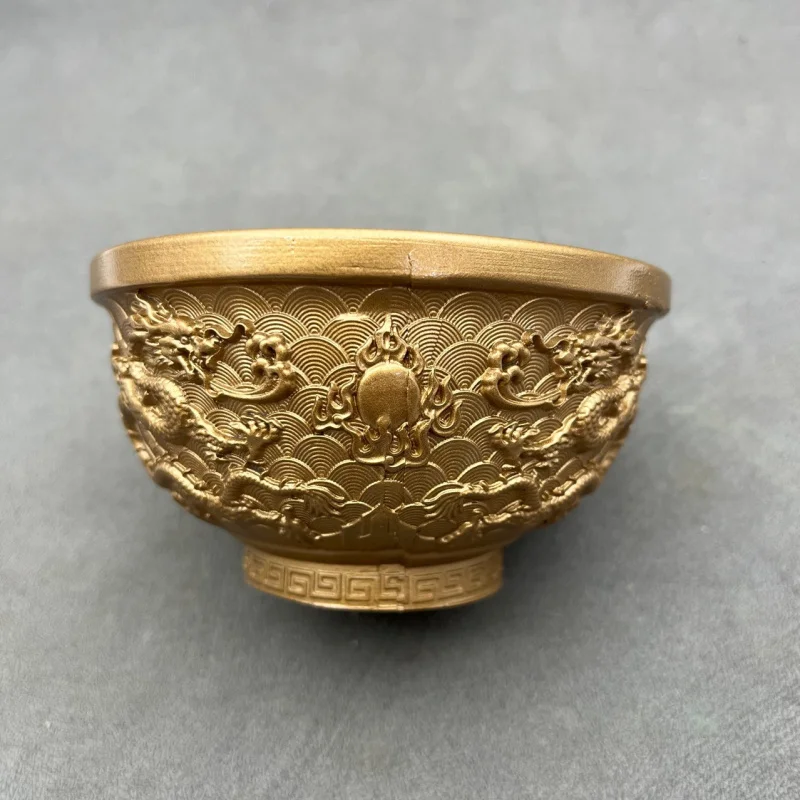 Antique Bronze Collectible Resin Craft: Gilt-Plated Relief Bowl with Double Dragons Playing with Pearls, Home Decor for Entryway