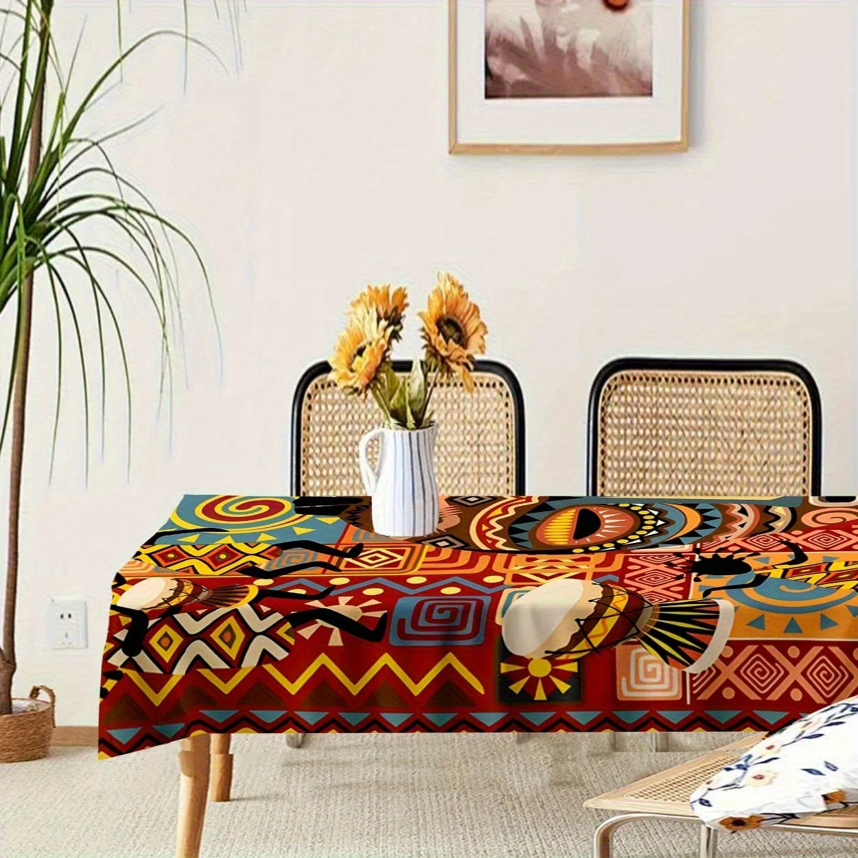 One African tribal style tablecloth - vibrant geometric patterns, polyester material, for indoor use
