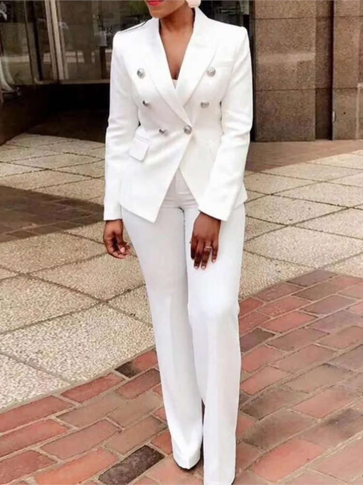 Elegant Women Suits Double Breasted Blazer Coat Suit And Pants Two Piece Set Casual Office Lady Outfits Autumn Solid Slim Sets