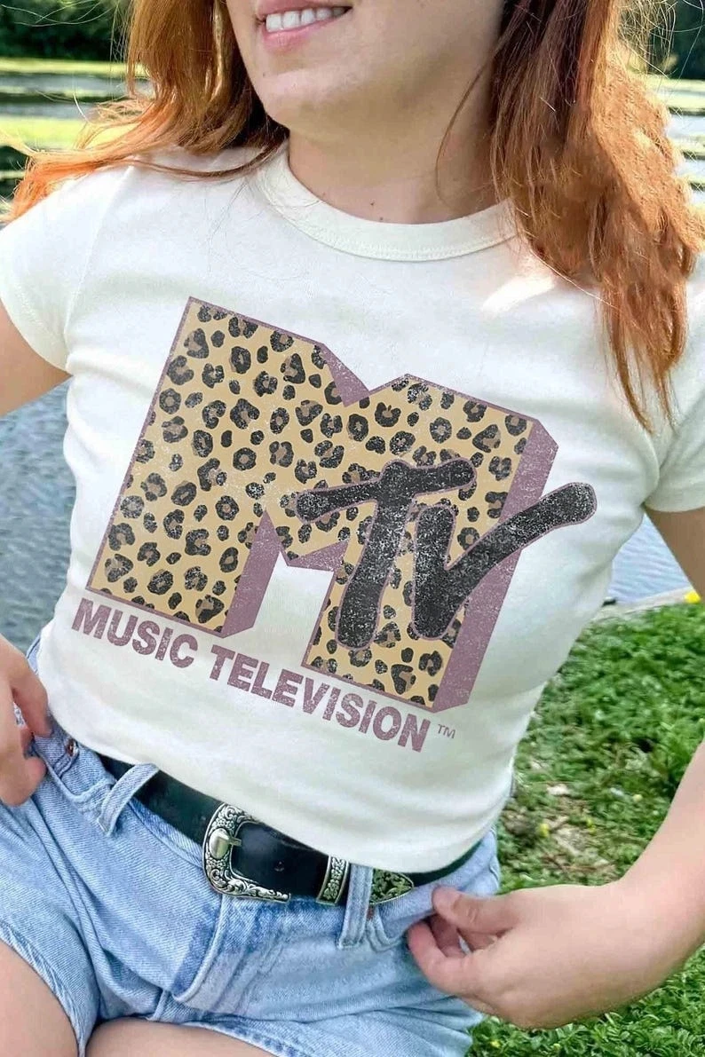MTV Classic Leopard Print Bold Logo Shirt Music Television MTV Logo Tee Retro Short Sleeve T-shirts for Summer Unisex All-Season
