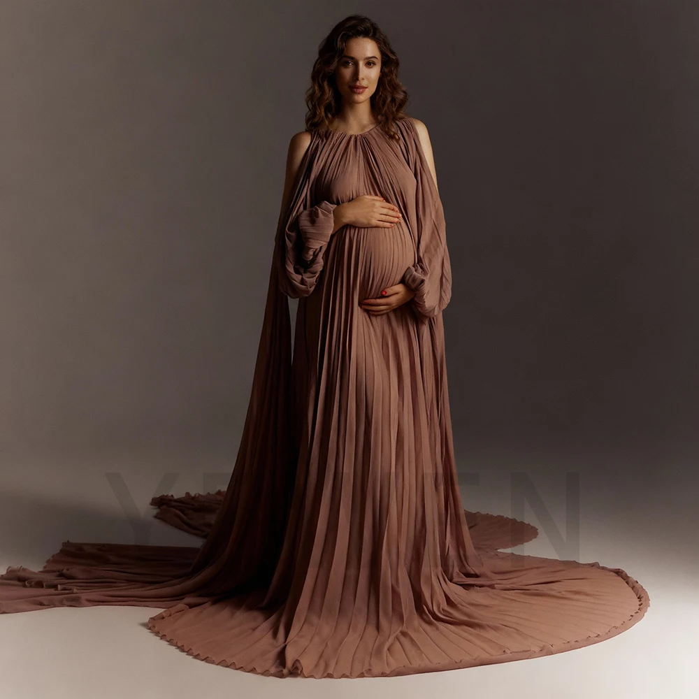 Flowing Chiffon Pleated Dress for Pregnant Women for Photo Shoot Elegant Off Shoulder Baby Shower Dresses YW250071