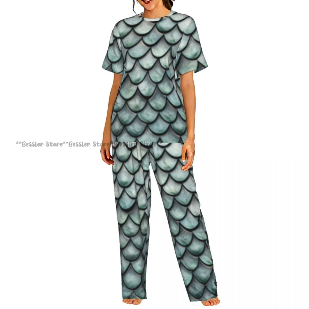 

Женский комплект пижамы с короткими рукавами и узором в виде рыбьей чешуи, повседневный стиль