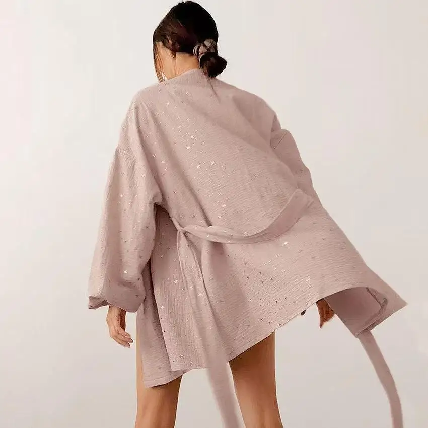 

Gold Emed Belted Spwear Robe Home Clothes Loose Lace up ort Sle for Young Women Autumn Season Regular Thin