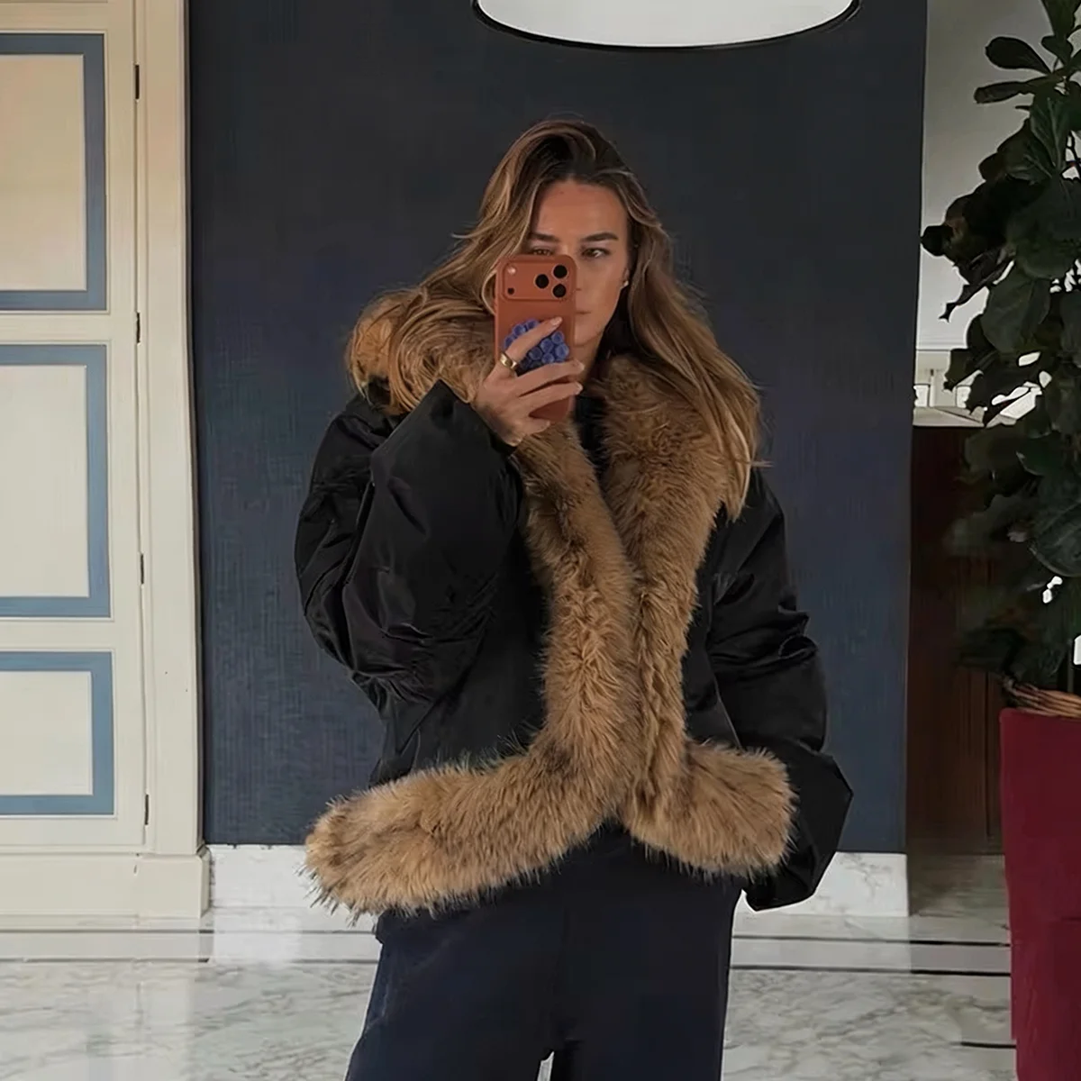 Women's Faux Fur Collar Bomber Jacket Oversized Black Tan Winter Coat Old Money Luxury Streetwear Fashion