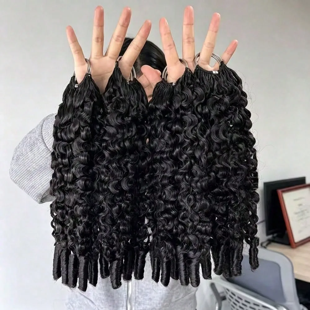 Burmese Curly Human Crochet Hair 18inch 50g Knotless Pre-Separated Pre-Looped Feather Crochet Real Human Hair Lightweight Reusab