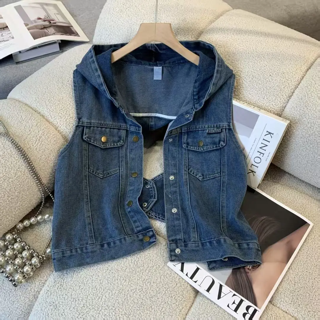 Vintage Hollow Out Backless Blue Denim Hooded Vest Women Sleeveless Cardigan Jacket Cowboy Waistcoat Y2K Streetwear Vests Trendy