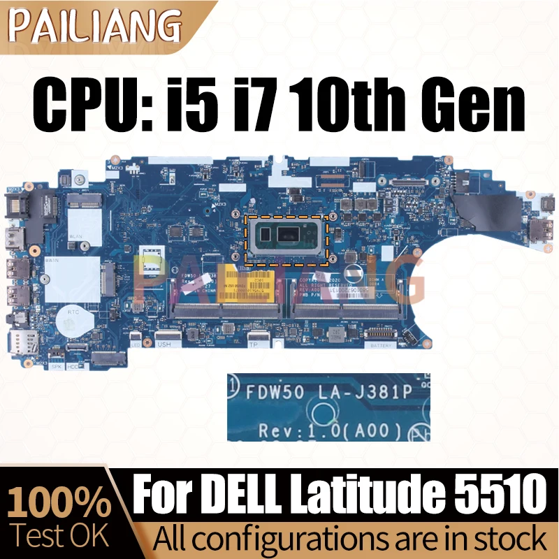 For Dell Latitude 5510 Notebook Mainboard LA-J381P i5-10210U I5-10310U i7-10610U 0HT7GC 0J67M8 Laptop Motherboard Full Tested