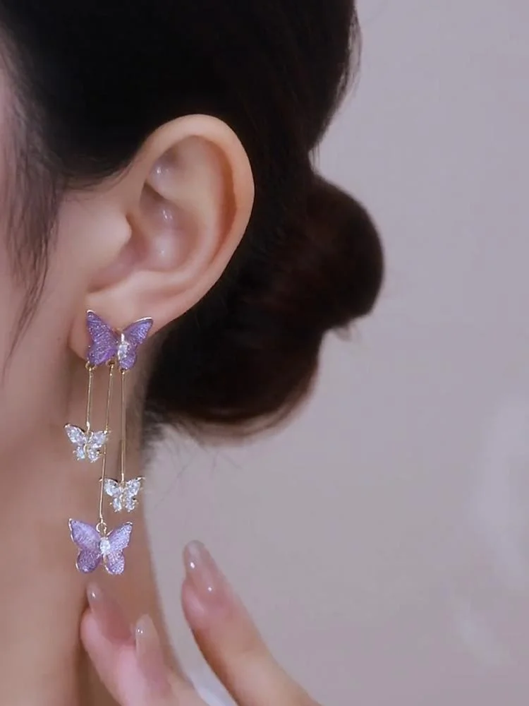 Fashion Aesthetic Purple Crystal Butterfly Dangle Earrings for Women Long Tassel Earring Wedding PartyStatement Jewelry Gift