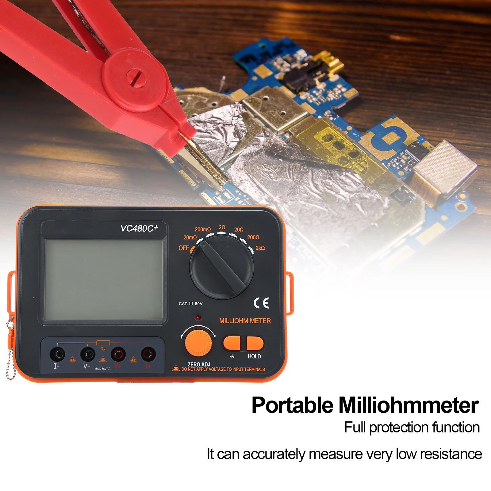 Hand Held Resistance Tester VC480C 0.01mΩ‑2kΩ 6‑Gear Digital Milliohmmeter 4‑Wire Measurement  Low Resistance Tester