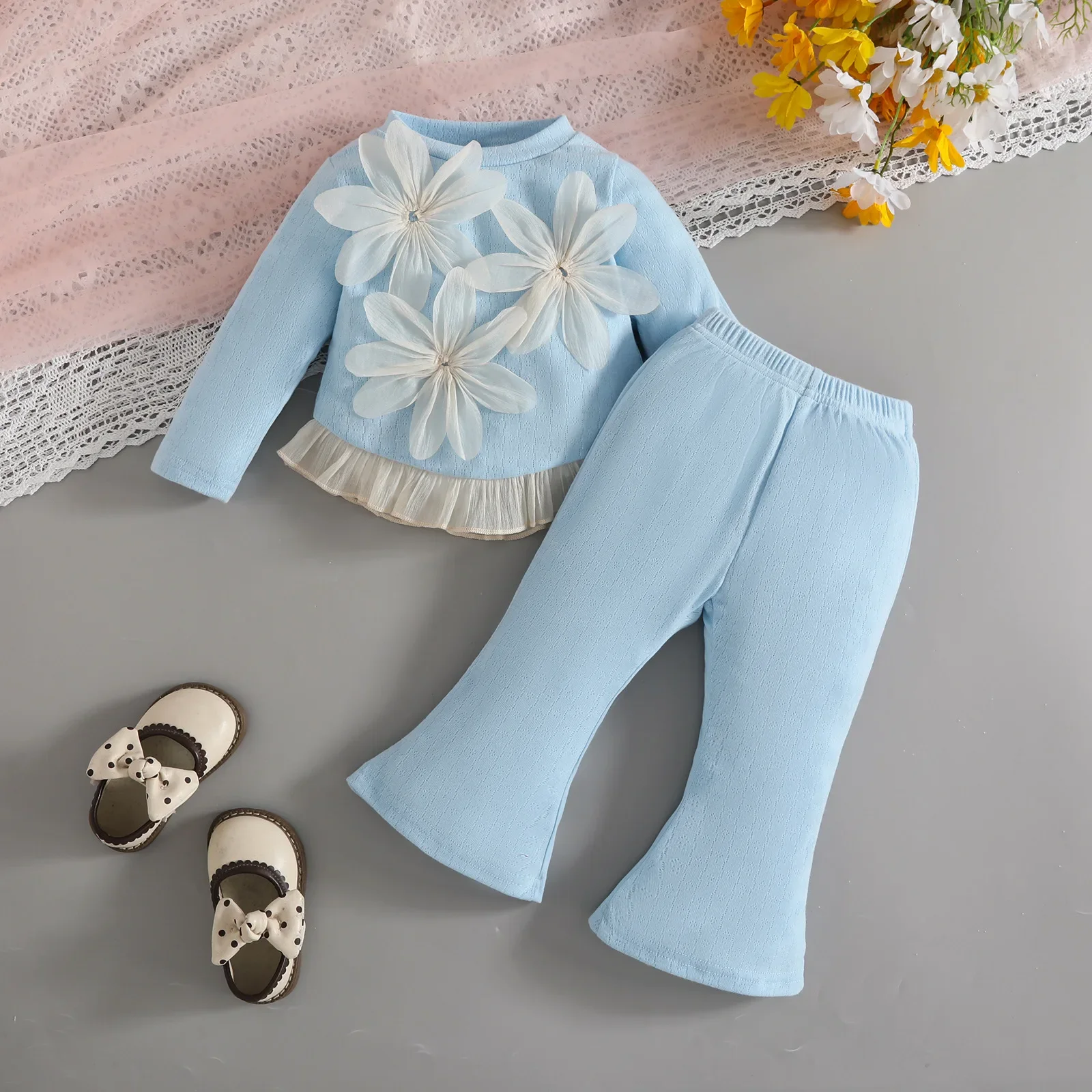 2 قطعة ربيع الخريف الفتيات الزي مجموعات الكورية أزياء لطيف الزهور طويلة الأكمام الأزرق الطفل قمم + السراويل بوتيك الاطفال الملابس B064 #6