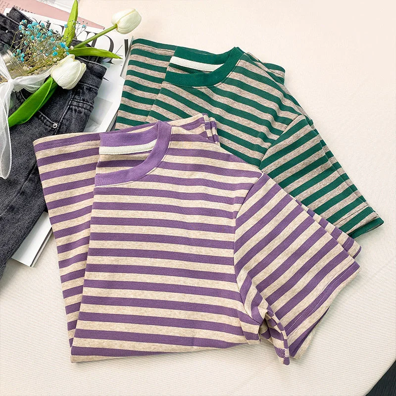 

Classic Stripe Cotton T-shirt For Women Summer Short Sleeve Round Neck Tshirt Loose Simple Design Korean Style Tees Tops