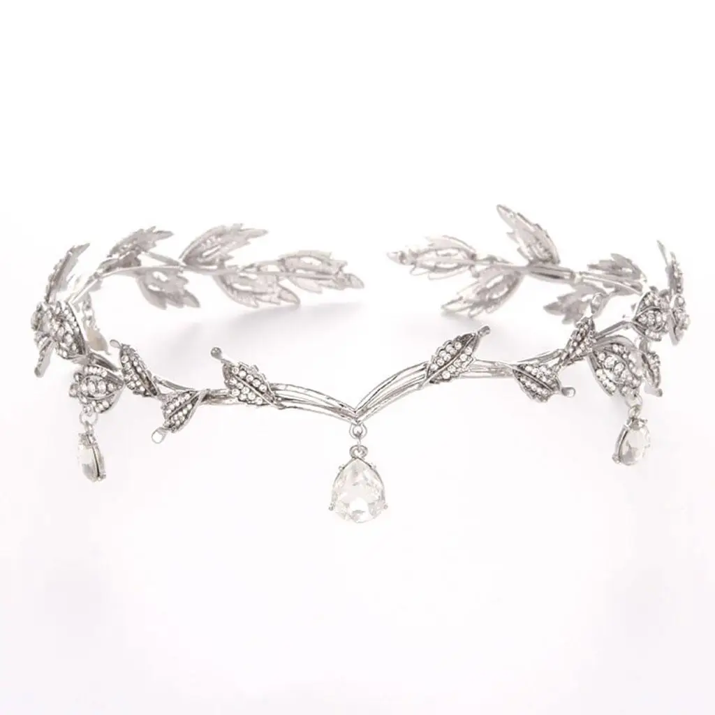 Leaf Forehead Chain Adjustable Headpiece Hair Pin Crystal Wedding Tiara for Bride Ceremony and Prom