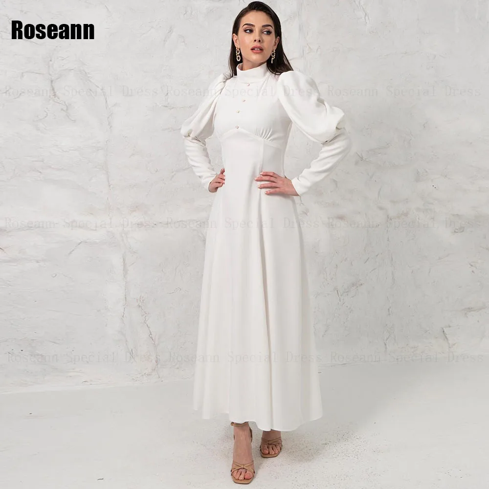 Muslim 2024 New Design High Collar A-line Wedding Dresses Ruffle Button Full Draped Pleat Anke Length Bride Dress robe de mariée