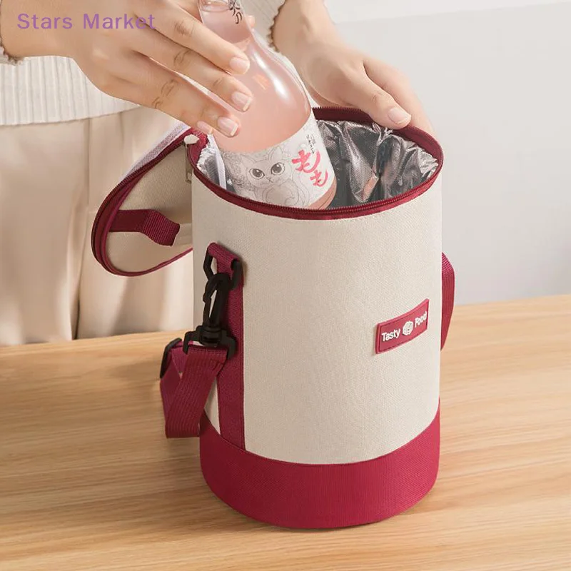 Large Capacity Portable Lunch Bag Fresh-Keeping Cylindrical Insulated Lunch Box Tote Round Aluminum Foil Food Thermal Cooler Bag