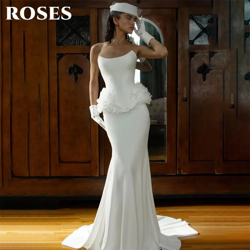 

ROSES Ivory Strapless Mermaid Wedding Dress with 3D Floral Formal Gowns Lace Up Back Satin Formal Occasion Dresses Customized
