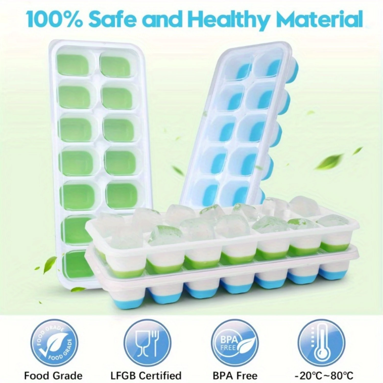 Silicone Ice Cube Tray with Lid - 14-Cube Flexible, Easy Release, Stackable Design, Spill-Proof, Dishwasher Safe for Cocktails a