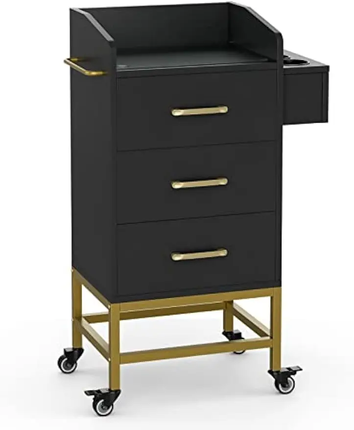 Salon Storage Trolley Cart Glass Top Hair Station Cabinet Dryer Holder Lockable Rolling Wheel Drawer Black