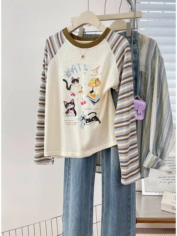 Cute  Embroidered Striped Long Sleeve T-Shirt Women's Korean Style Age-Defying Color Block Design Top for Autumn