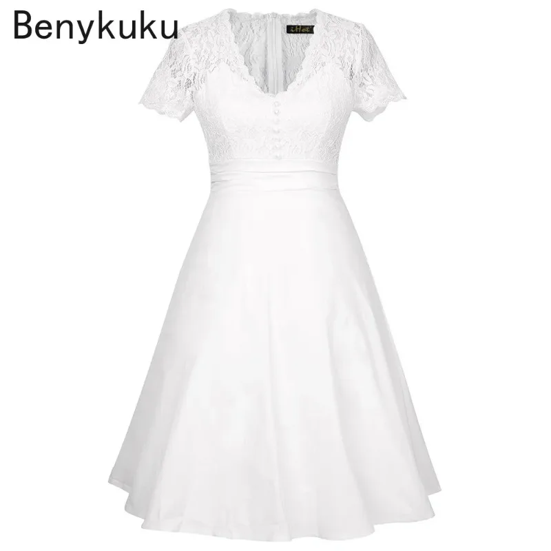 Letnia damska sukienka imprezowa Vintage V Neck Krótki rękaw Biała sukienka Wydrążona koronka Eleganckie sukienki damskie A Line Casual Vestidos