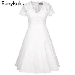 Letnia damska sukienka imprezowa Vintage V Neck Krótki rękaw Biała sukienka Wydrążona koronka Eleganckie sukienki damskie A Line Casual Vestidos