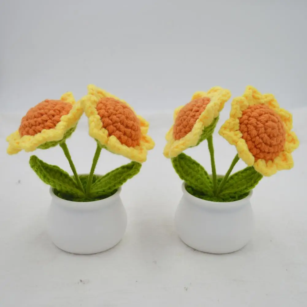 Sunflower Home Decoration Handmade Crochet Sunflower Decoration with Double Heads White Vase Mini Knitted Flower for Home Office