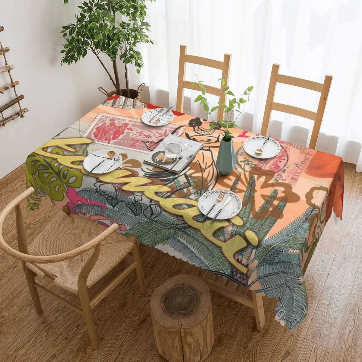 

Vintage Hawaii Travel Colorful Tablecloth 54x72in wrinkle resistant Home Decor Indoor/Outdoor