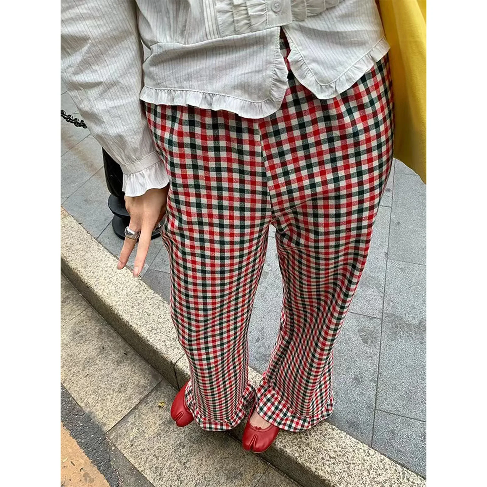 격자 무늬 9점 바지 여성 2025 여름 루즈핏 게으른 대비 하이웨이스트 캐주얼 루즈 9점 바지